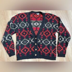 Vintage southwest cotton cardigan sweater red green black medium unisex boho
